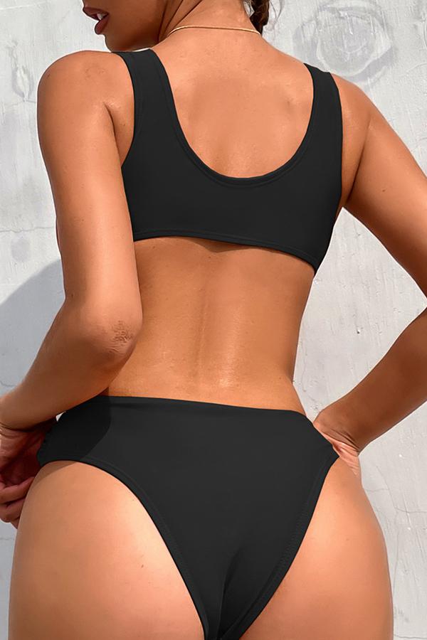Black Ruched Plunge One Piece Swimsuit-Charmo