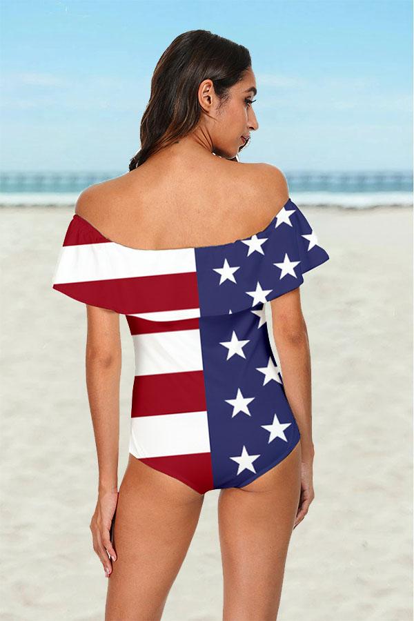 Clearance | USA Flag Off The Shoulder One Piece Swimsuitsuit-Charmo