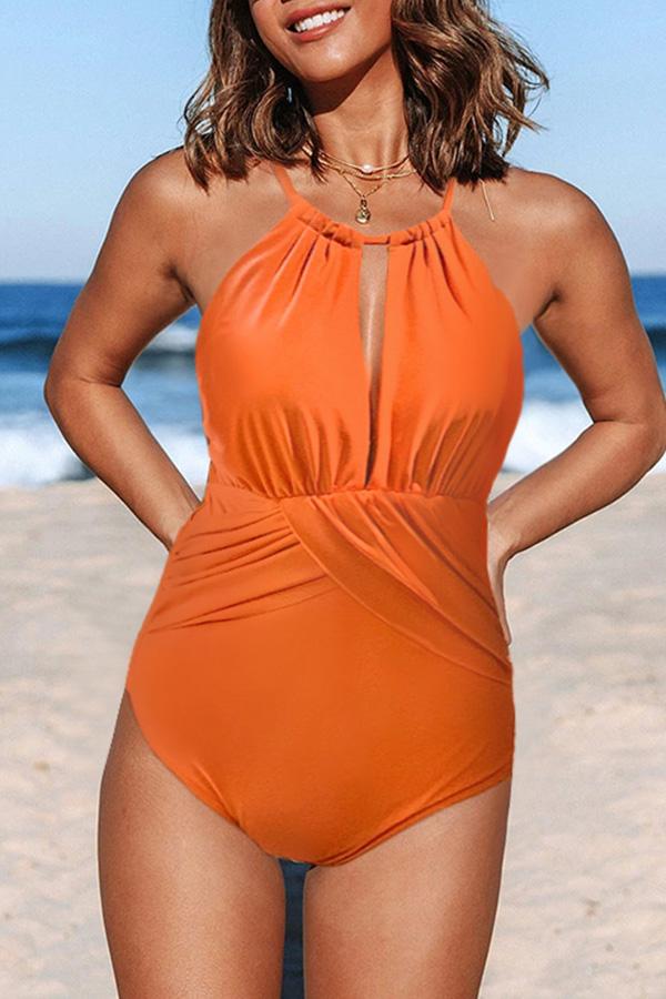 Clearance | Orange Ruched Cut Out Halter One Piece Swimsuit-Charmo