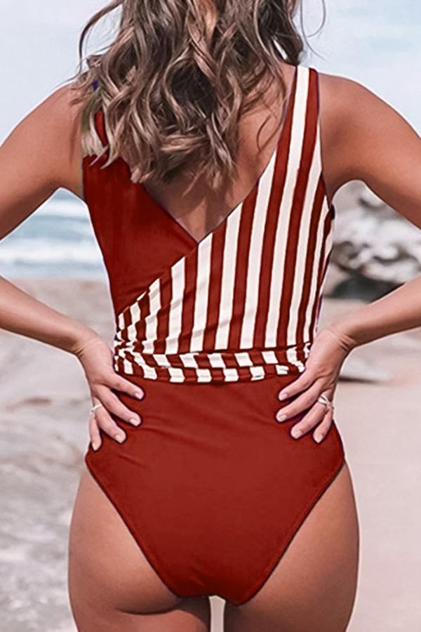 Brown and Stripe Lace Up One Piece Swimsuit-Charmo