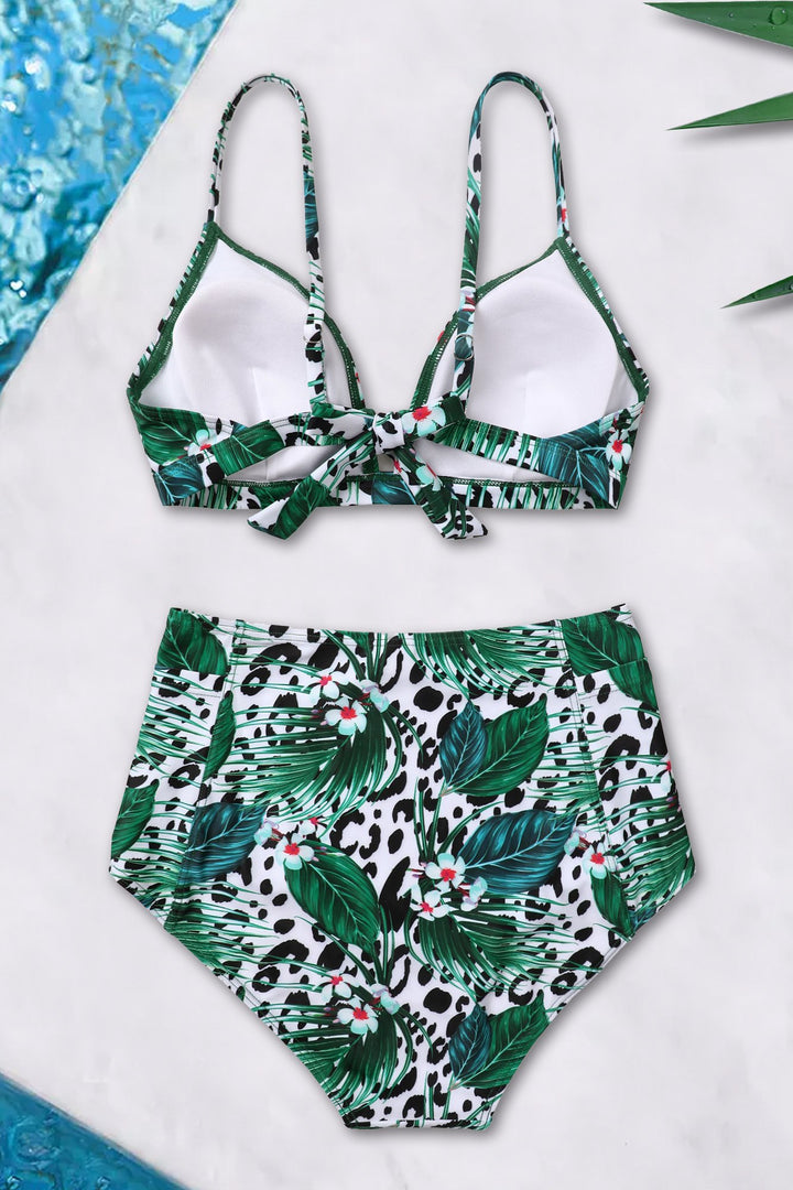 Leaves Leopard Print High Waist Bikini-Charmo