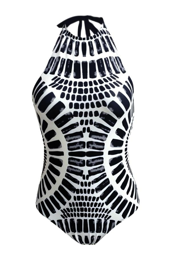 Backless Printed Halter One Piece Swimsuit-Charmo