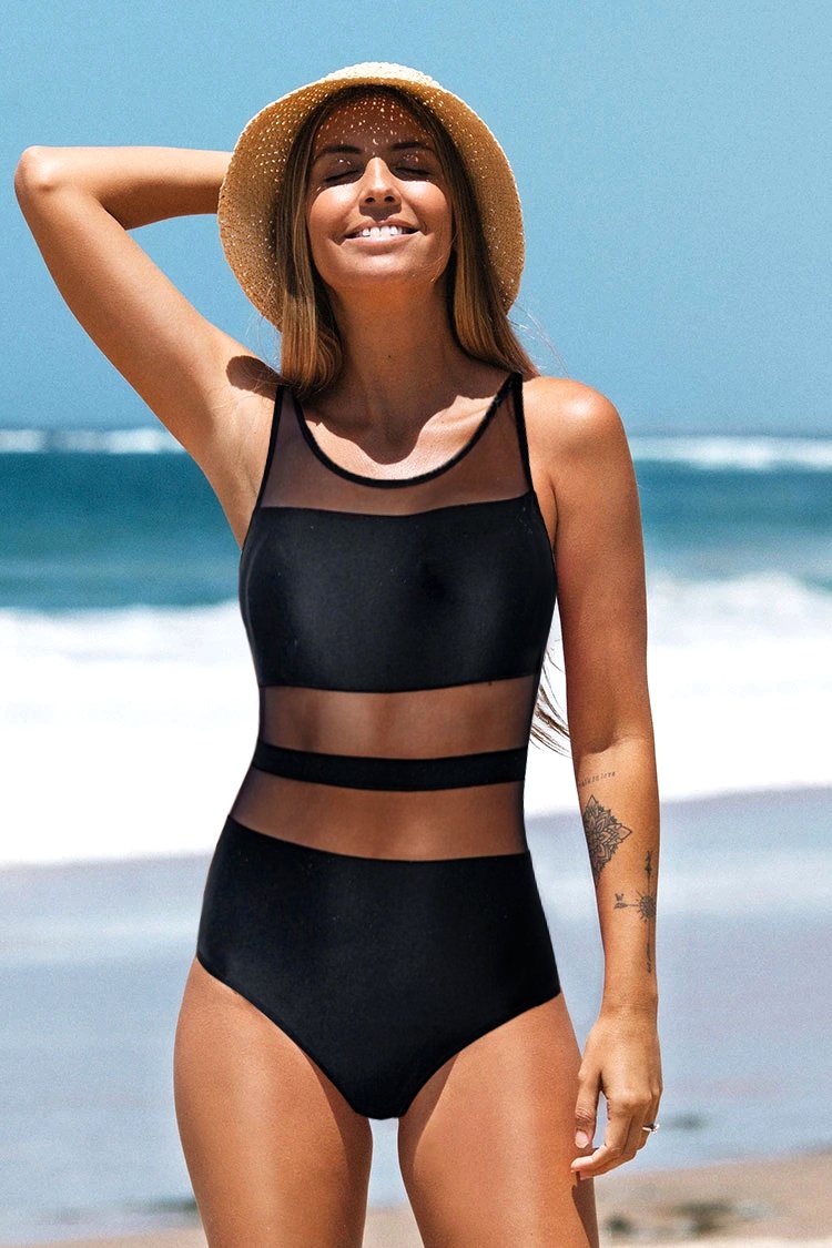 Retro Black Mesh Scoop Backless One Piece Swimsuit-Charmo