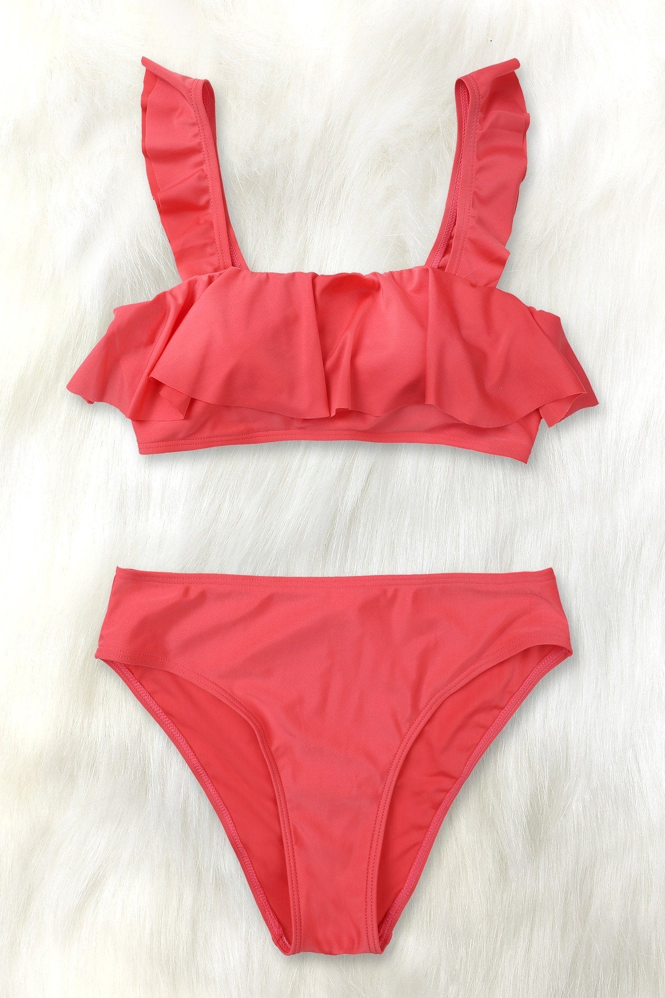 Red Flounced Bandeau Push Up Bikini-Charmo