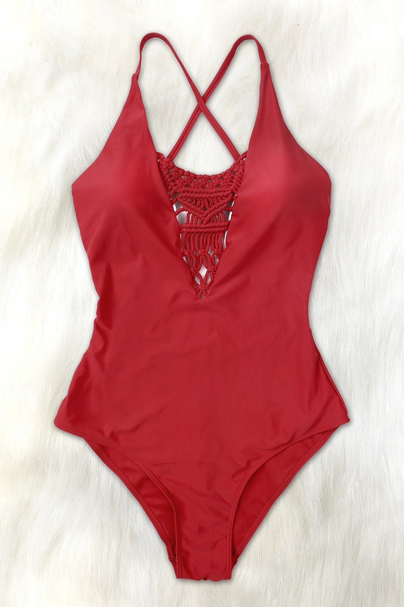 Red Weaving Meshed One Piece Swimsuit-Charmo