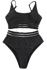 Black Halter High Waist Striped Bikinis-Charmo