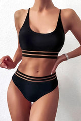 Black Halter High Waist Striped Bikinis-Charmo