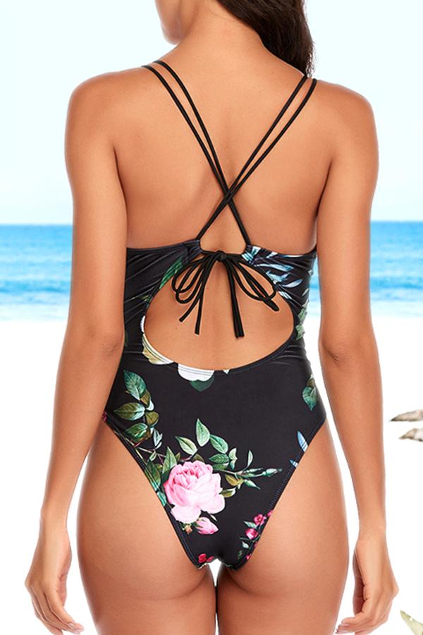 Clearance | Floral Printed Cross-Tie One Piece Swimsuit-Charmo