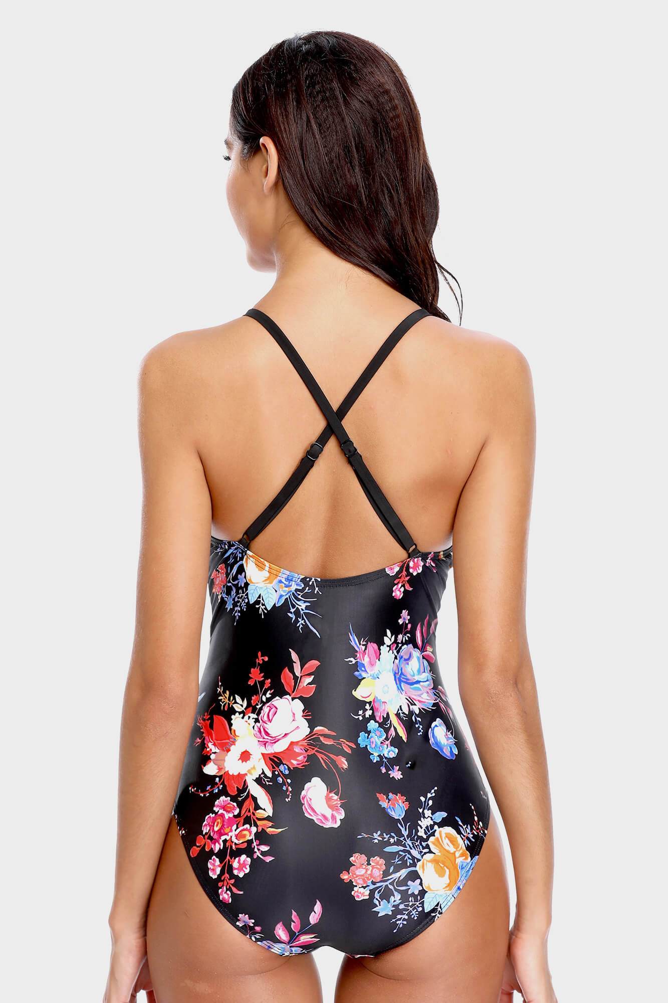 Floral Hollow Out Crisscross One Piece Swimsuit-Charmo