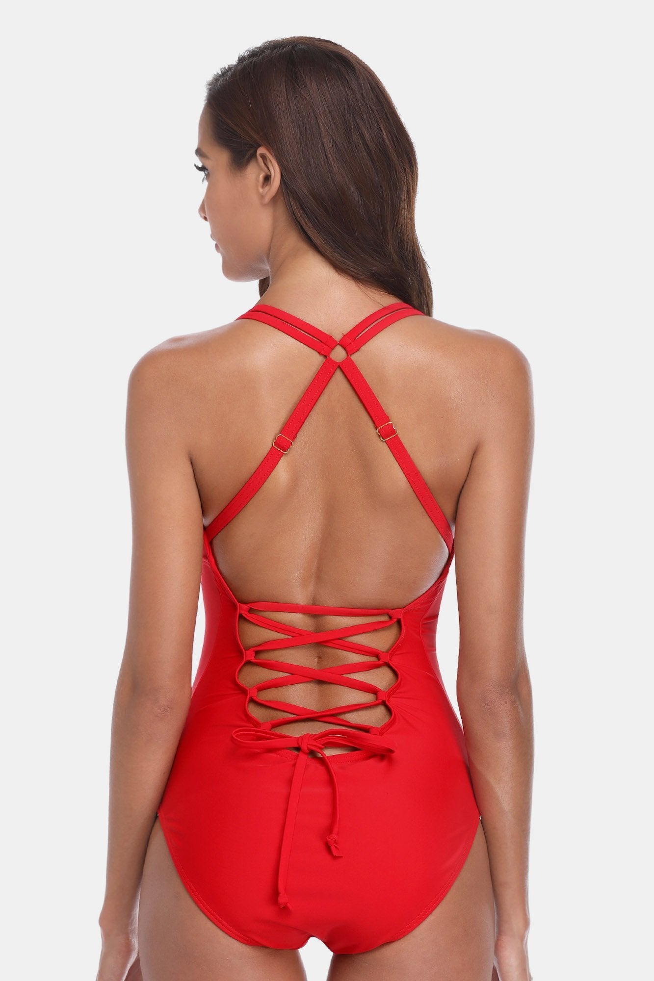 Solid Crisscross Strappy One Piece Swimsuit-Charmo