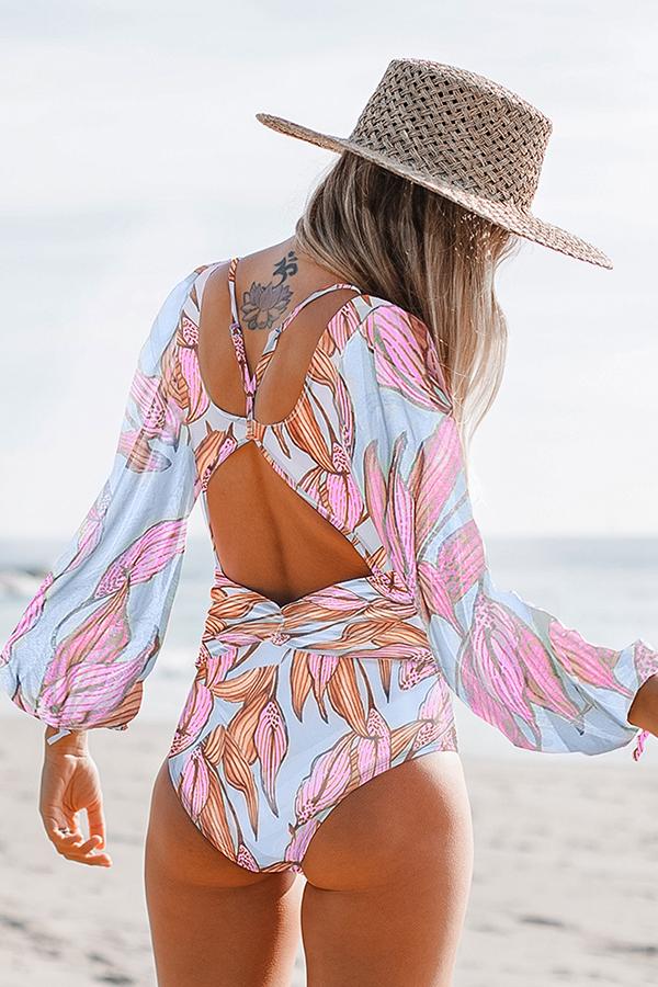 Leaf Printed Puff Sleeve Hollow One Piece Swimsuit-Charmo
