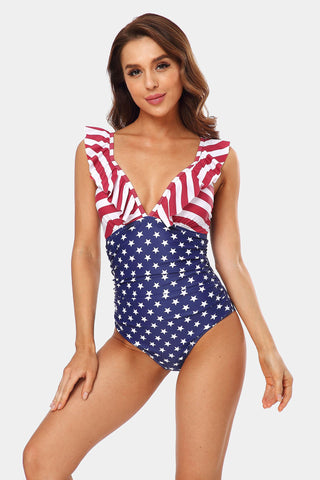 Clearance | American Flag Ruffled Wrinkles One Piece Swimsuit-Charmo
