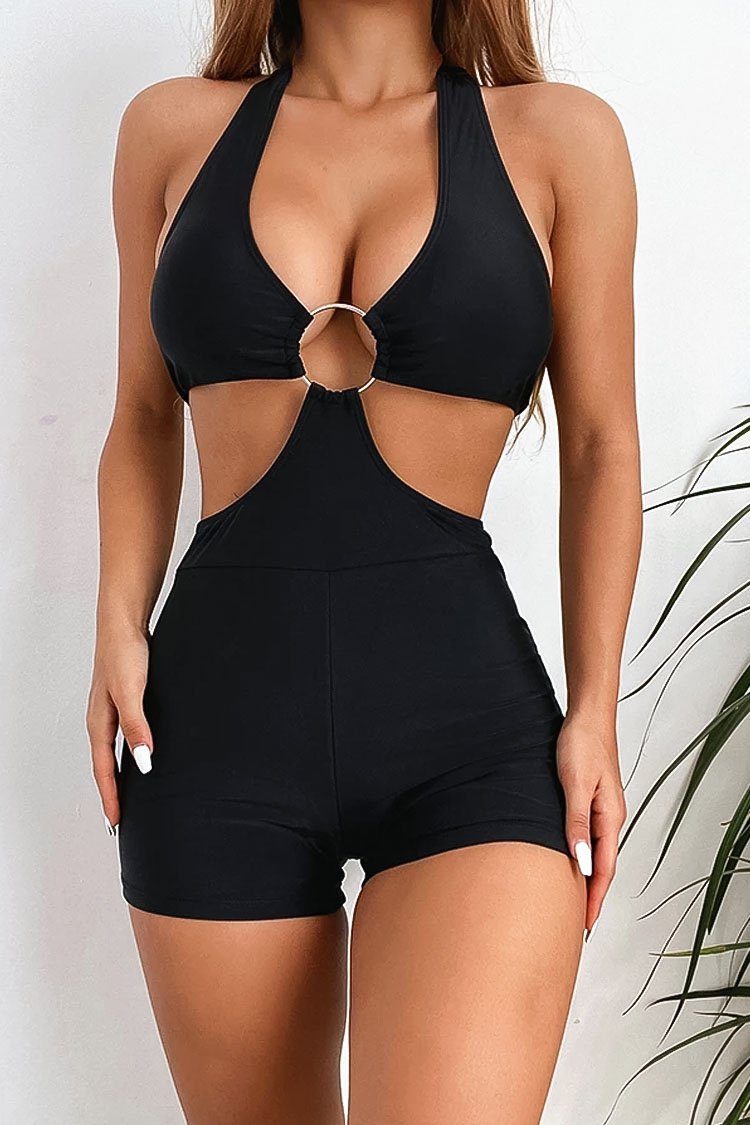 Halter O-Rings Cut Out Boyleg One Piece Swimsuit-Charmo