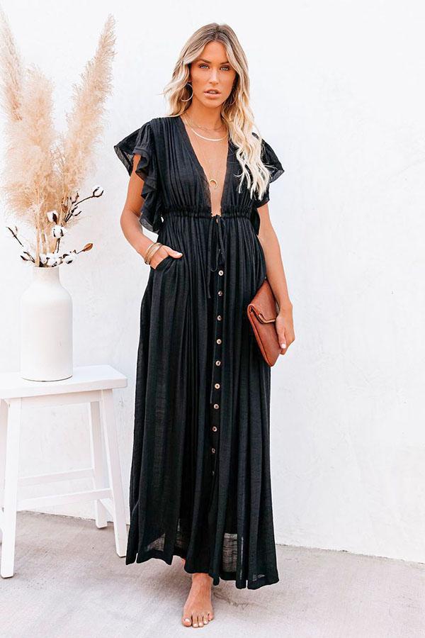 Women's Plunge Drawstring Backless Ruffled Cover Up Dress| Charmo Women's Plunge Drawstring Backless Ruffled Cover Up Dress| Charmo
