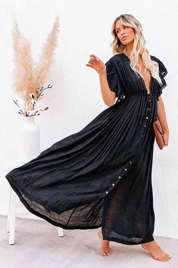 Women's Plunge Drawstring Backless Ruffled Cover Up Dress| Charmo Women's Plunge Drawstring Backless Ruffled Cover Up Dress| Charmo