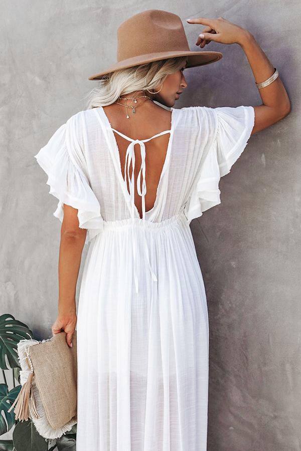 Plunge Drawstring Backless Ruffled Cover Up Dress-Charmo