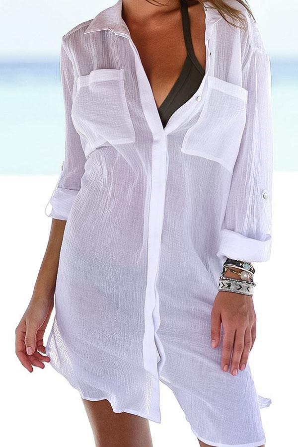 Solid Pocket Front Button Shirt Cover Up Kimono-Charmo