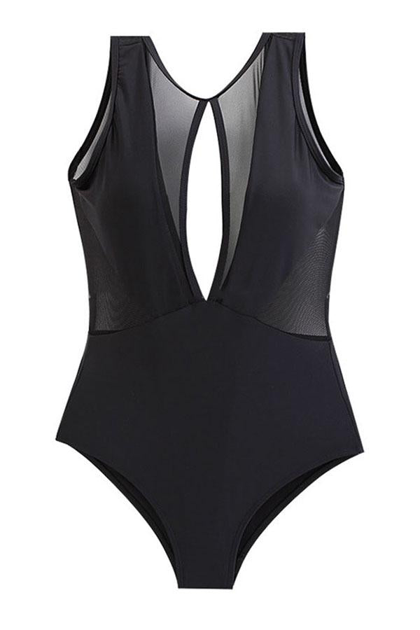 Mesh Patchwork Hollow One Piece Swimsuit-Charmo