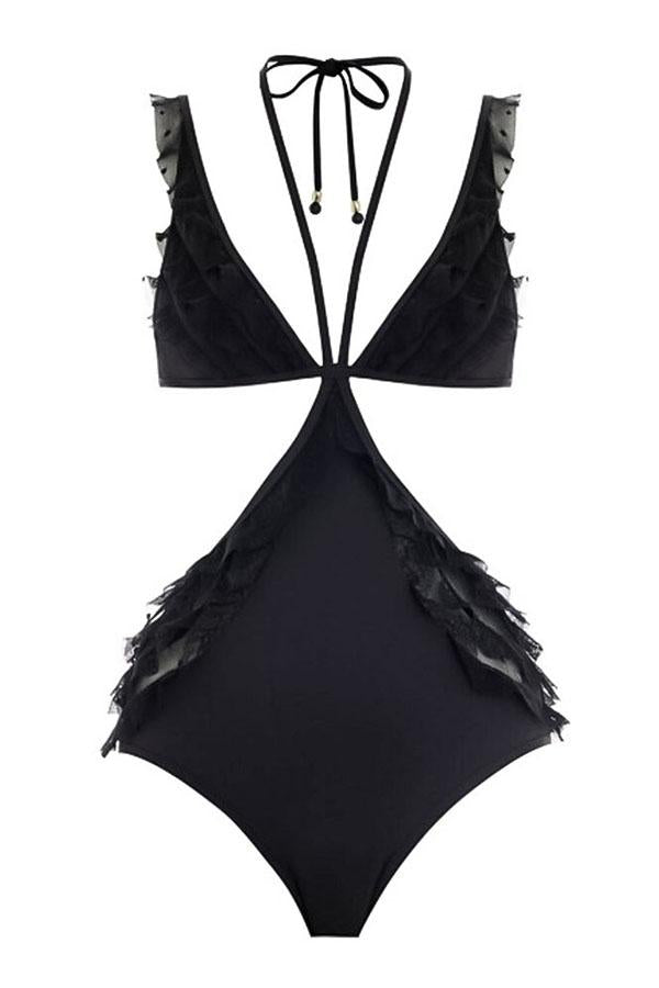 Mesh Ruffled Lace Up One Piece Swimsuit-Charmo