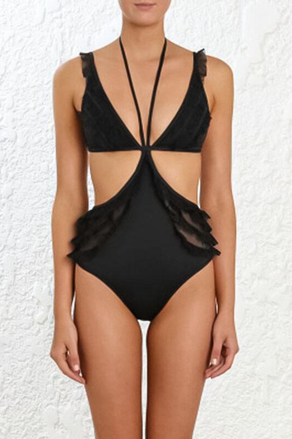 Mesh Ruffled Lace Up One Piece Swimsuit-Charmo