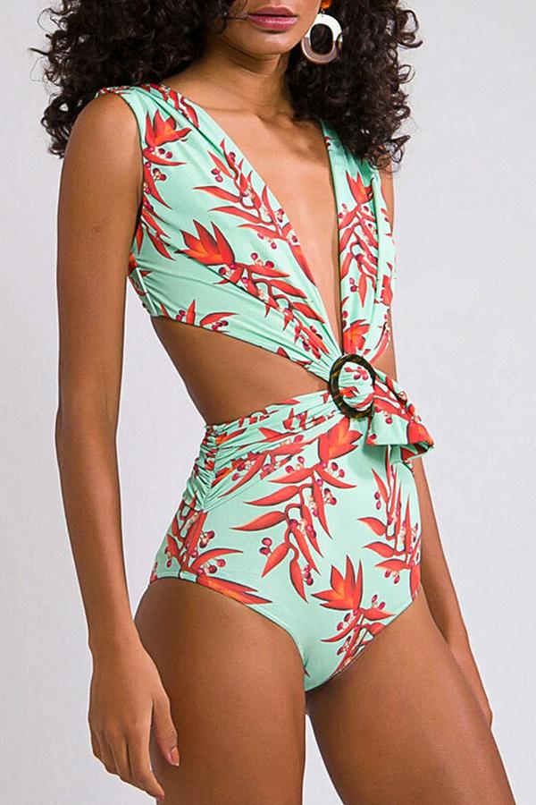 Floral O-ring Ruched One Piece Swimsuit-Charmo