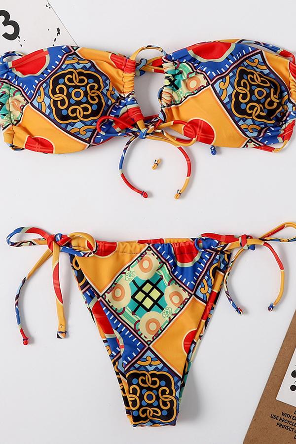 Tribal Print Bandeau Tie Bikini-Charmo
