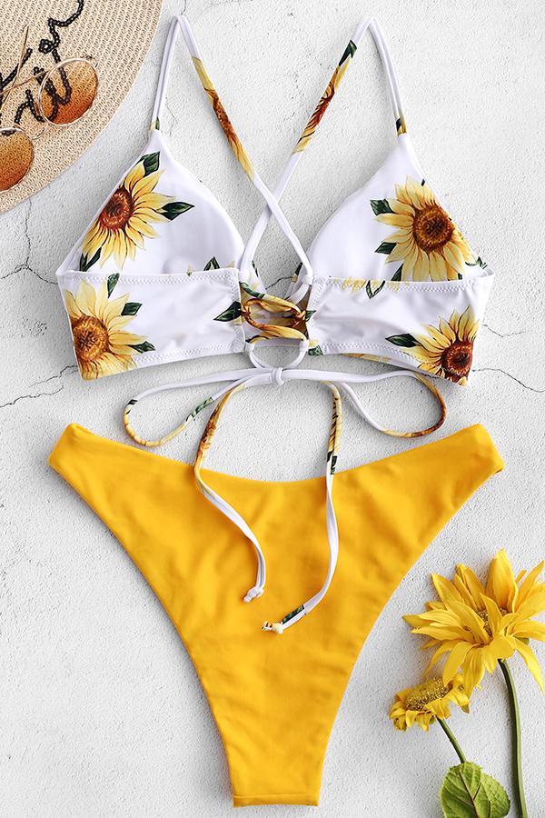 Sunflower Print Strappy Sling Bikini Set-Charmo