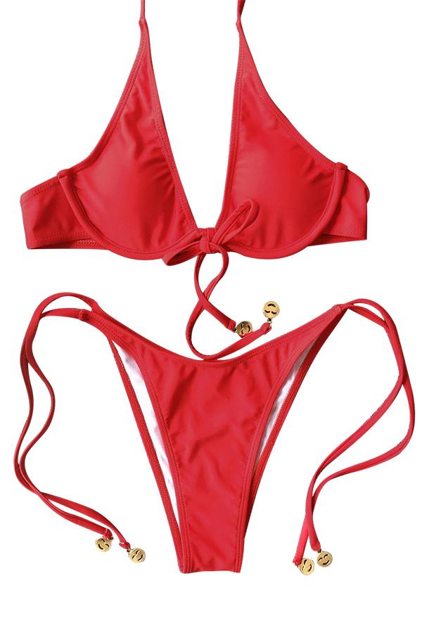 Red V-neck Drawstring Push Up Bikini-Charmo