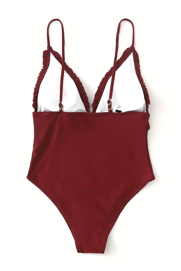 Red V Neck Halter Ruffled One Piece Swimsuit-Charmo