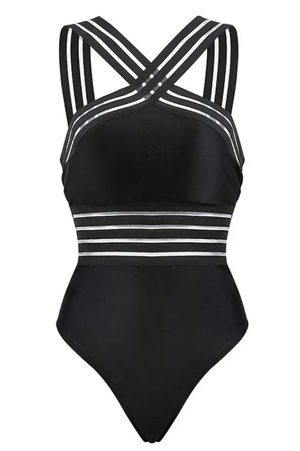 Black Mesh Halter Cross Front One Piece Swimsuit-Charmo