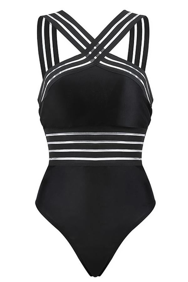 Women's Black Mesh Halter Cross Front One Piece Swimsuit Charmo