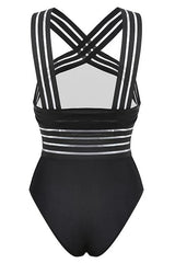 Black Mesh Halter Cross Front One Piece Swimsuit-Charmo