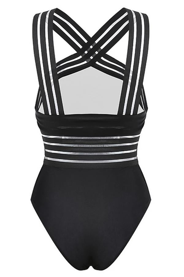 Women's Black Mesh Halter Cross Front One Piece Swimsuit