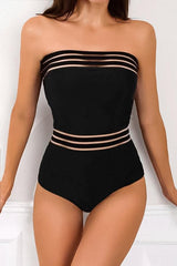 Black Bandeau Stitching Mesh One Piece Swimsuit-Charmo