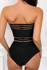 Black Bandeau Stitching Mesh One Piece Swimsuit-Charmo