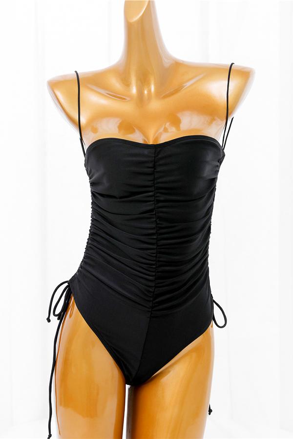 Black Pleated Drawstring Halter One Piece Swimsuit-Charmo