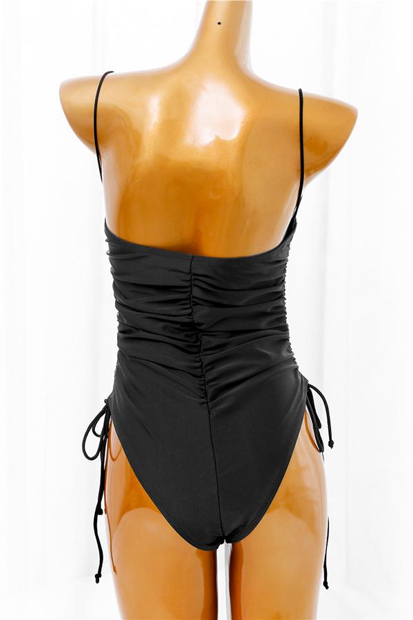 Black Pleated Drawstring Halter One Piece Swimsuit-Charmo