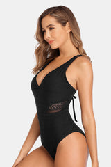 Charmo Women's V-Neck Mesh Hollow Out One Piece Bathing Suit Black-Charmo