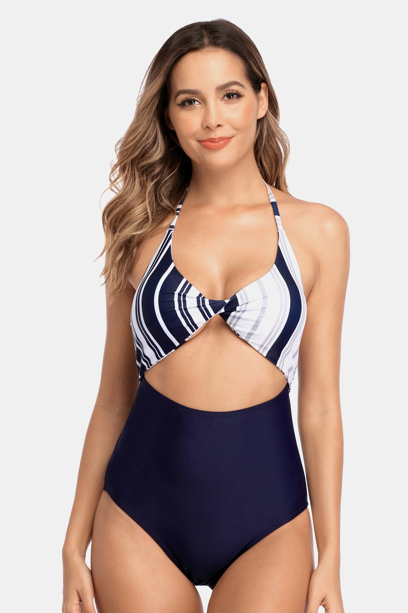 Stripe Hollow Out Backless Halter One Piece Swimsuit-Charmo