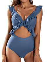 V Neck Ruffled Cut Out Tie Back Backless One-piece Swimsuit