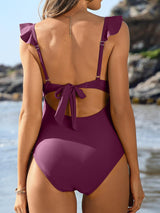 V Neck Ruffled Cut Out Tie Back Backless One-piece Swimsuit