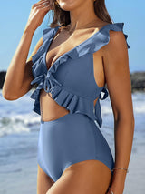 V Neck Ruffled Cut Out Tie Back Backless One-piece Swimsuit