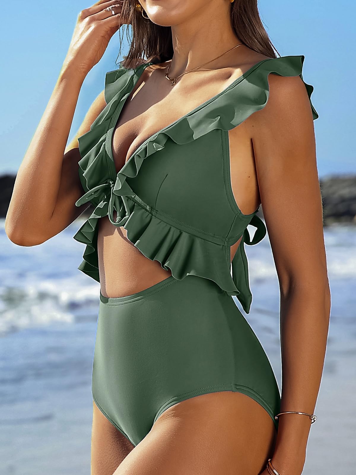 V Neck Ruffled Cut Out Tie Back Backless One-piece Swimsuit