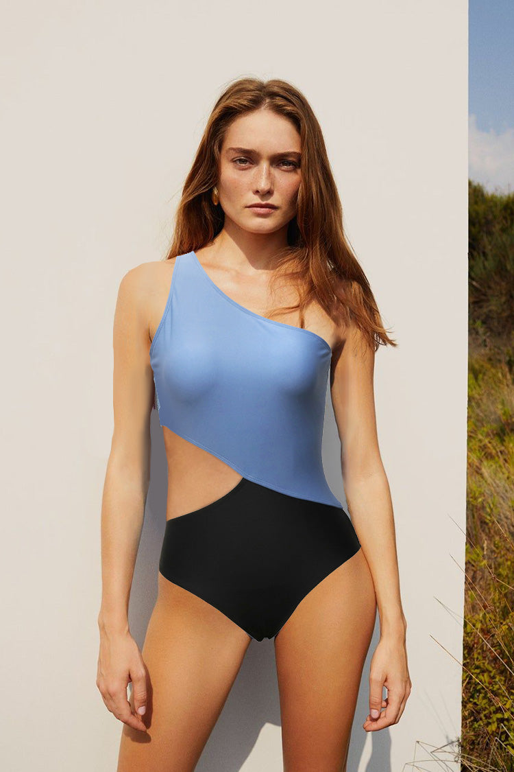 One Shoulder Colorblock Cutout One Piece Swimsuit